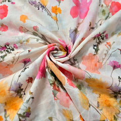 Digitally Printed Multicolor Floral Mal Cotton Fabric on Light Peachy Pink Base