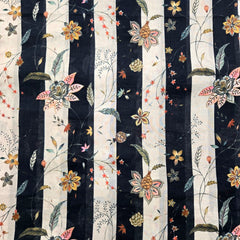 Digitally Printed Multicolor Floral Mal Cotton Fabric on Black & Light Peach Stripe Base