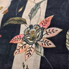 Digitally Printed Multicolor Floral Mal Cotton Fabric on Black & Light Peach Stripe Base