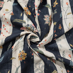 Digitally Printed Multicolor Floral Mal Cotton Fabric on Black & Light Peach Stripe Base