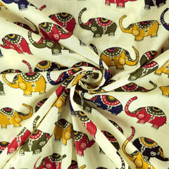 Gajraj Digitally Printed Cream Cotton Fabric with Elephant Motifs