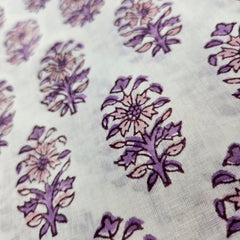 Digitally Printed Prple Flowers on Off-white Mal Cotton Fabric