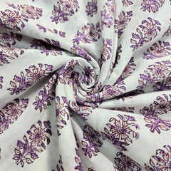 Digitally Printed Prple Flowers on Off-white Mal Cotton Fabric