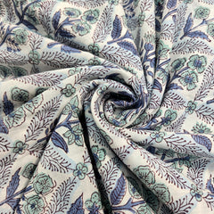 Digitally Printed Blue Flowers in Grid pattern on Off-white Mal Cotton Fabric