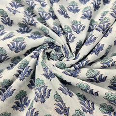 Digitally Printed Blue Flowers on Off-white Mal Cotton Fabric