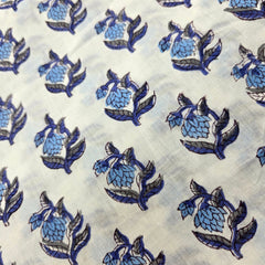 Digitally Printed Blue Flowers on Off-white Mal Cotton Fabric