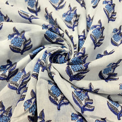 Digitally Printed Blue Flowers on Off-white Mal Cotton Fabric