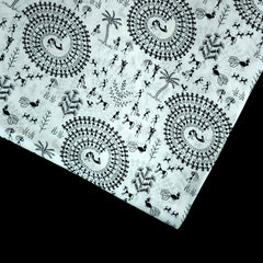 Warli - Tribal & Human Digitally Printed Cotton Fabric on White Base
