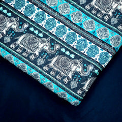 Mehek Royal Elephant & Lotus Printed Stripe on Blue Cotton Fabric with Sequins