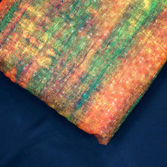Mehek Abstract Print of Orangel & Green Cotton Fabric with Sequins