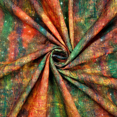 Mehek Abstract Print of Orangel & Green Cotton Fabric with Sequins