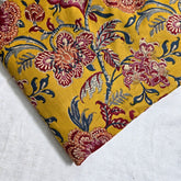 Digitally Printed Mustard Yellow Cotton Fabric with Contrast Floral Design