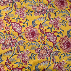 Digitally Printed Mustard Yellow Cotton Fabric with Contrast Floral Design
