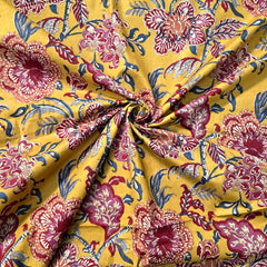 Digitally Printed Mustard Yellow Cotton Fabric with Contrast Floral Design