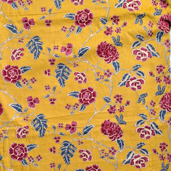 Digitally Printed Mustard Yellow Cotton Fabric with Contrast Floral Design