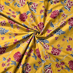 Digitally Printed Mustard Yellow Cotton Fabric with Contrast Floral Design