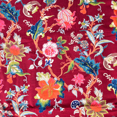 Digitally Printed Maroon Cotton Fabric with Contrast Floral Design