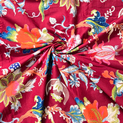 Digitally Printed Maroon Cotton Fabric with Contrast Floral Design