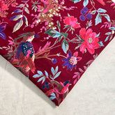 Digitally Printed Maroon Cotton Fabric with Contrast Floral Design
