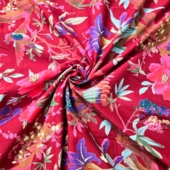 Digitally Printed Maroon Cotton Fabric with Contrast Floral Design