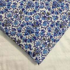 Digitally Printed Blue Geometric & Florals on Off-white Mal Cotton Fabric