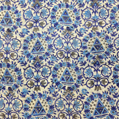 Digitally Printed Blue Geometric & Florals on Off-white Mal Cotton Fabric