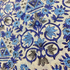 Digitally Printed Blue Geometric & Florals on Off-white Mal Cotton Fabric
