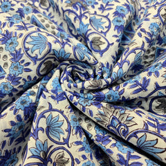 Digitally Printed Blue Geometric & Florals on Off-white Mal Cotton Fabric