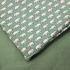Gajraj Digitally Printed Pastel Green Cotton Fabric with Elephant Motif