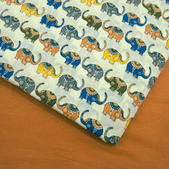 Gajraj Digitally Printed Beige Cotton Fabric with Elephant Motifs