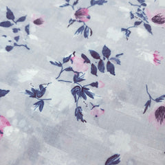 Digitally Printed Light Gray Floral Mal Cotton Fabric on white Base