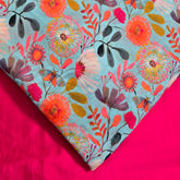 Digitally Printed Multicolor Floral Mal Cotton Fabric on Sky Blue Base