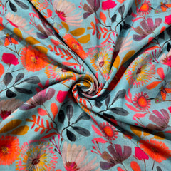 Digitally Printed Multicolor Floral Mal Cotton Fabric on Sky Blue Base