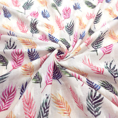 Digitally Printed Multicolor Fern Motif Mal Cotton Fabric on white Base