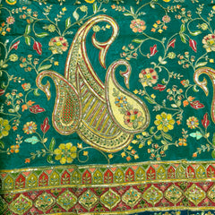 Teal Green Crepe Fabric with Multicolor Embroidered & Paisley Border
