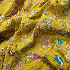 Moss Yellow Crepe Fabric with Multicolor Embroidered & Paisley Border