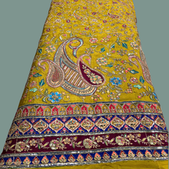 Moss Yellow Crepe Fabric with Multicolor Embroidered & Paisley Border