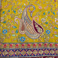 Moss Yellow Crepe Fabric with Multicolor Embroidered & Paisley Border