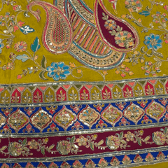 Moss Yellow Crepe Fabric with Multicolor Embroidered & Paisley Border