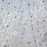 White Crepe Base Fabric with Golden Floral Sequin Embroidery with Mirror Highlights