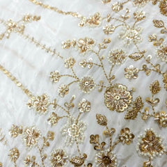 DYEABLE White Crepe Base Fabric with Golden Floral Zari, Cutdana, Sequin work with Border