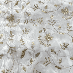 Dyeable Crepe Fabric with all over Floral Vine Pattern & Cutwork Net Border