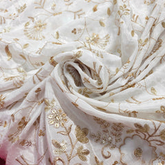 Dyeable Crepe Fabric with all over Floral Vine Pattern & Cutwork Net Border