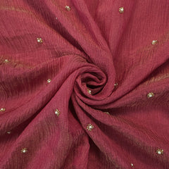 Crushed Tissue Two Tone Fabric with Pearl and Cutdana Work on Crimson Pink Base