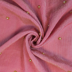 Crushed Tissue Two Tone Fabric with Pearl and Cutdana Work on Salmon Pink Base