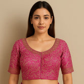 Zardana Magenta Pink Banaras Brocade Blouse with Zari work and Round Neckline