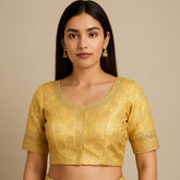 Zardana Bold Yellow Pink Banaras Brocade Blouse with Zari work and Round Neckline