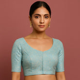 Zarkoyari Banaras Brocade Powder Blue Color Blouse with Round Neckline