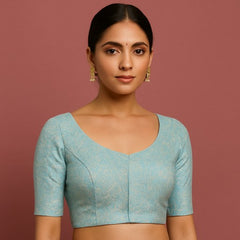 Zarkoyari Banaras Brocade Powder Blue Color Blouse with Round Neckline