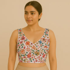 Jodha Peach Georgette Base Sleeveless Blouse with Multi-Color Resham Floral Threadwork and Sweetheart Neckline